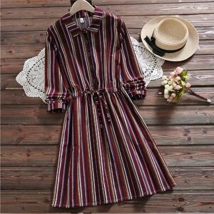 Women Dresses Vintage Drawstring Dresses Lapel Long Sleeve Striped Casual Dress